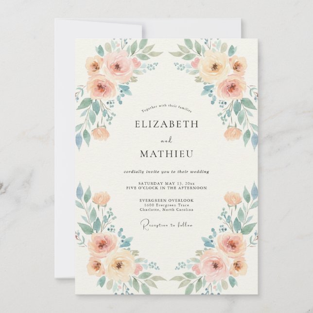 Invitation Couronne de mariage abricot et pervenche (Devant)
