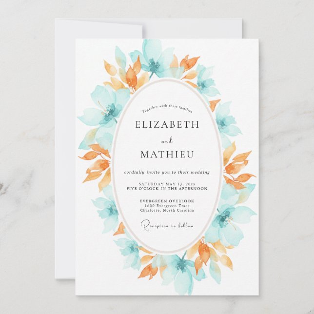 Invitation Couronne de mariage abricot sarcelle (Devant)