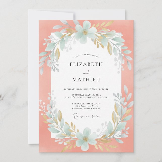 Invitation Couronne de mariage Aqua Corail (Devant)