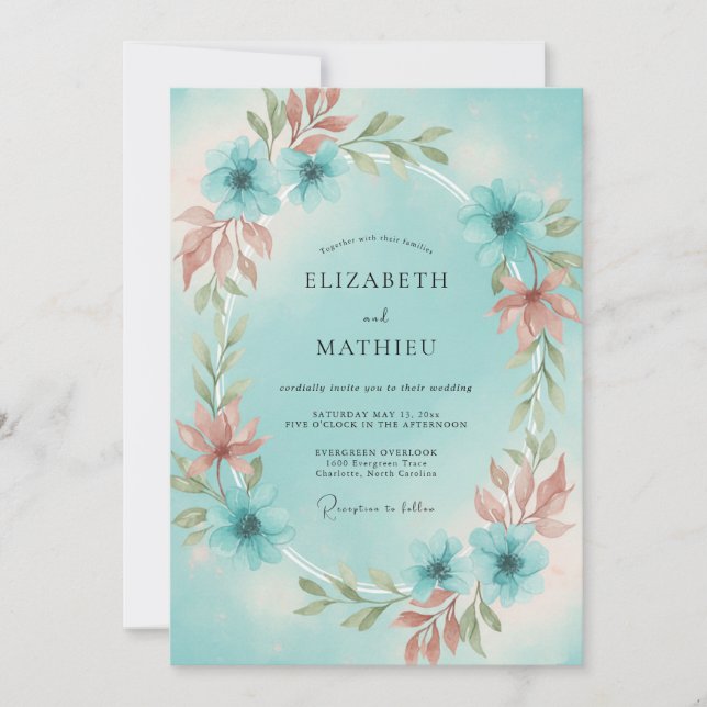 Invitation Couronne de mariage Aqua Dusty Coral (Devant)