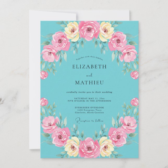 Invitation Couronne de mariage Aqua Dusty Pink (Devant)