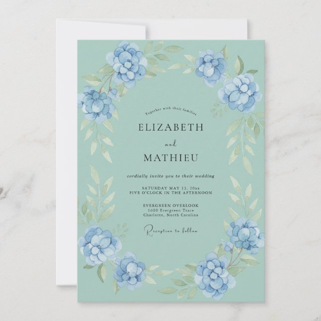 Invitation Couronne de mariage aqua et bleuet (Devant)