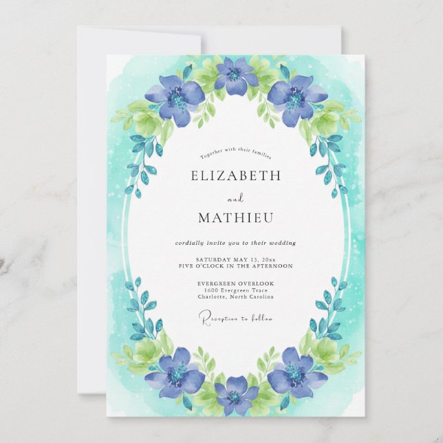 Invitation Couronne de mariage aqua et bleuet rustique (Devant)