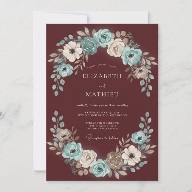 Invitation Couronne de mariage aqua et Bourgogne (Devant)