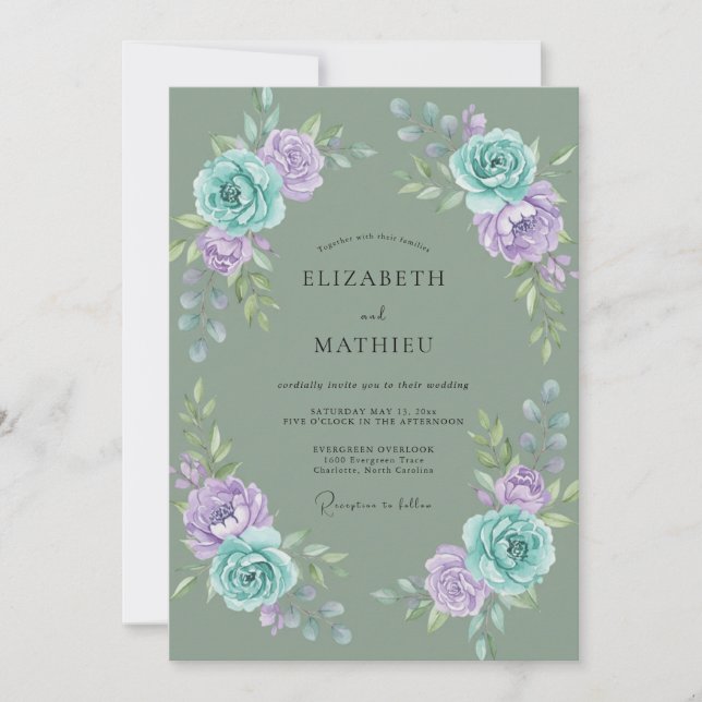 Invitation Couronne de mariage Aqua Lavande (Devant)