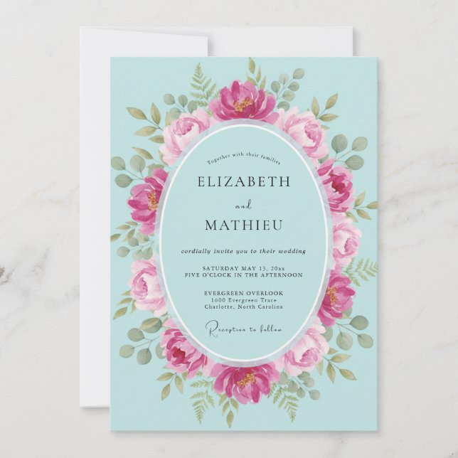 Invitation Couronne de mariage Aqua Magenta (Devant)
