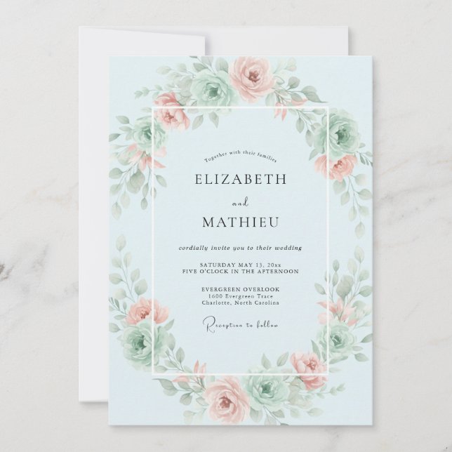 Invitation Couronne de mariage aquarelle bleu glace (Devant)