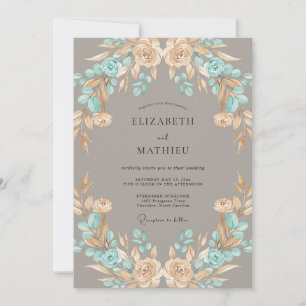 Invitation Couronne de mariage aquarelle taupe aqua