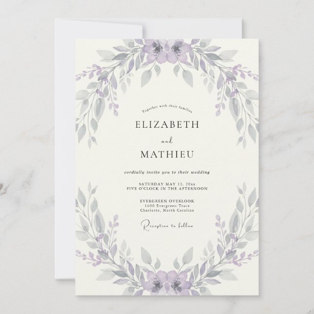 Invitation Couronne de mariage argent lavande (Devant)