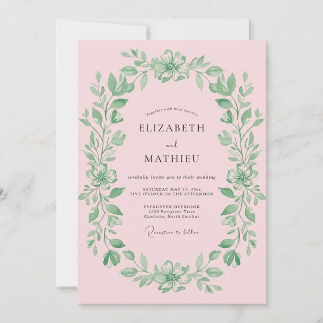 Invitation Couronne de mariage au feuillage rose (Devant)