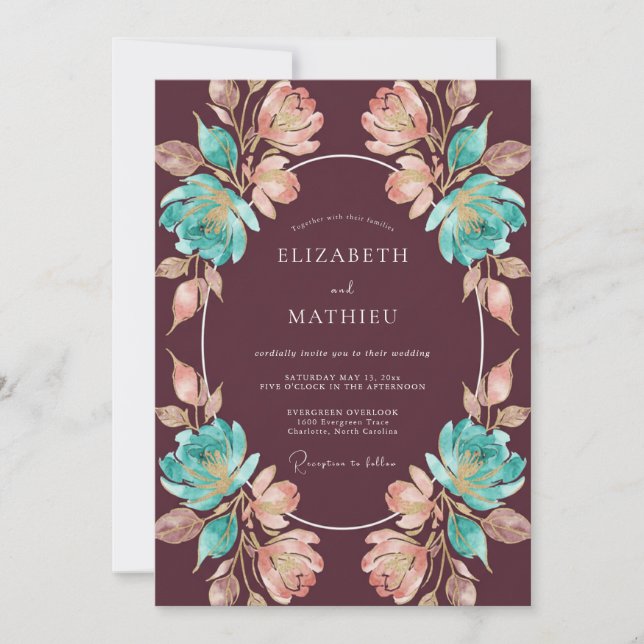 Invitation Couronne de mariage au vin pêche Aqua (Devant)