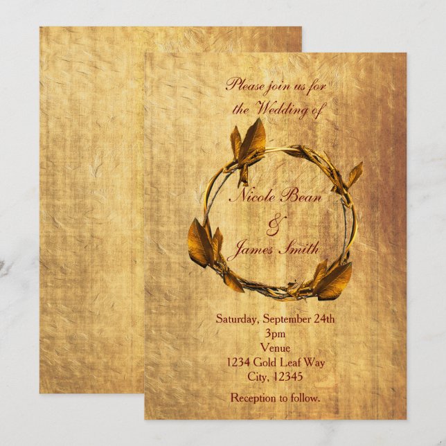 Invitation Couronne de mariage automne faux or feuille & bâto (Devant / Derrière)
