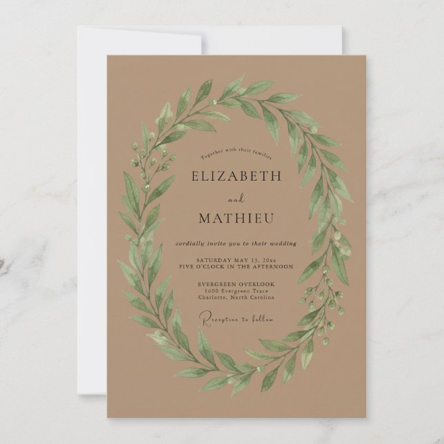 Invitation Couronne de mariage aux feuillages beiges (Devant)