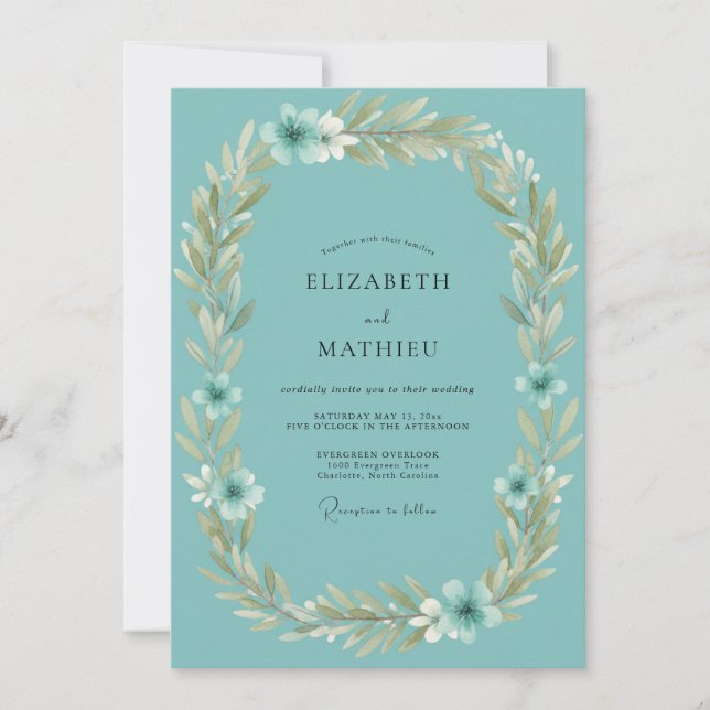 Invitation Couronne de mariage aux feuilles de turquoise (Devant)