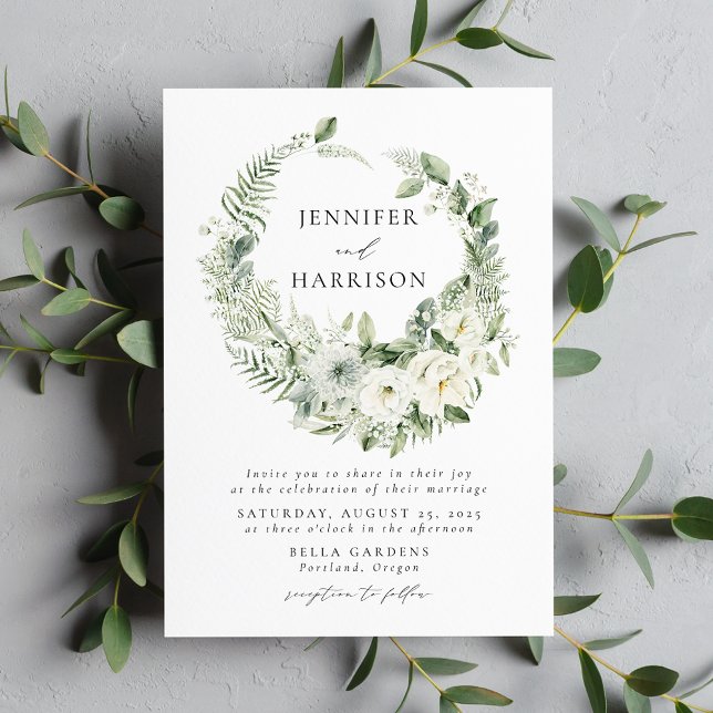 Invitation Couronne de mariage aux fleurs blanches luxuriante (Créateur téléchargé)