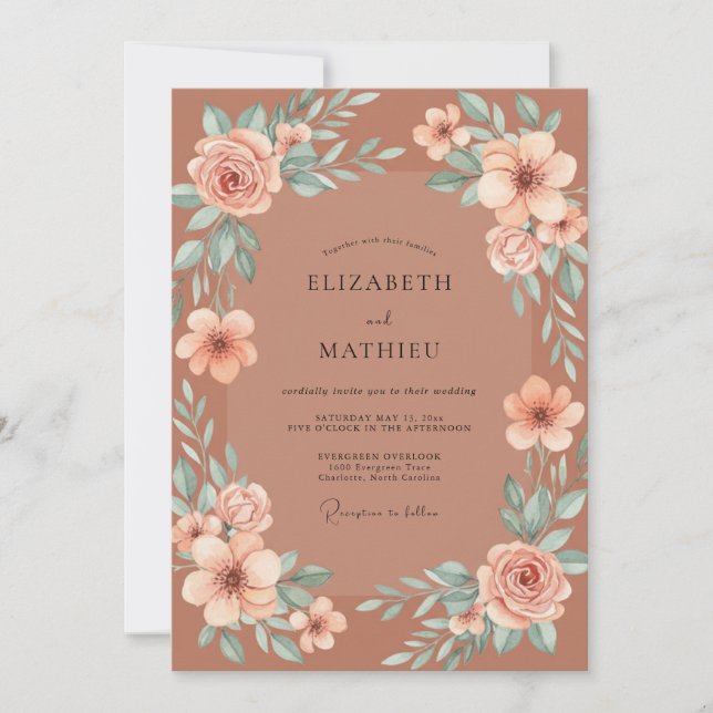 Invitation Couronne de mariage aux fleurs de terre cuite (Devant)