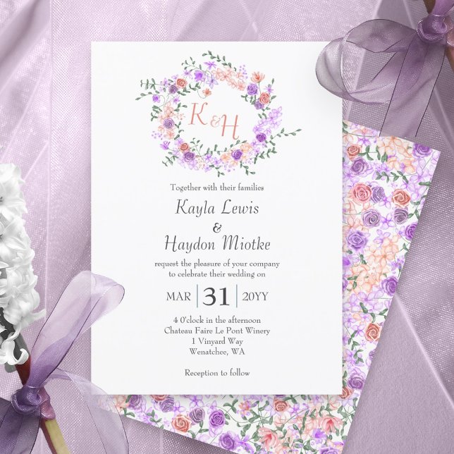 Invitation Couronne de mariage aux lilas et roses pêche (Lilac purple and peach rose wreath, botanical rose garden wedding invitations, round roses vine)