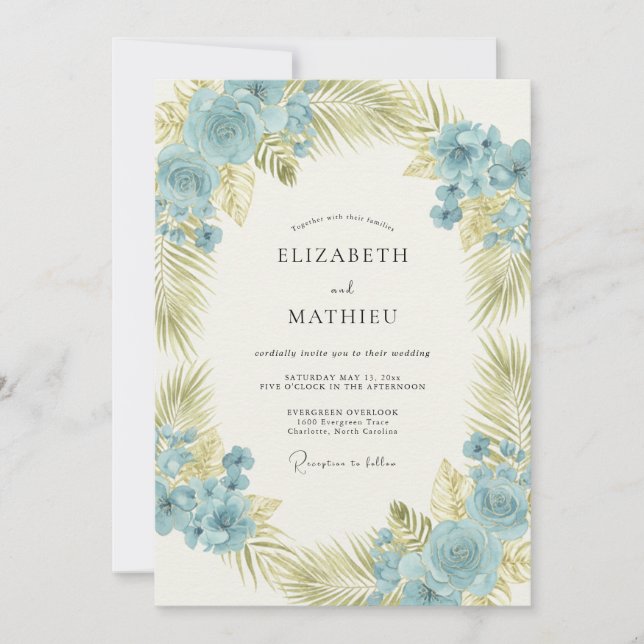 Invitation Couronne de mariage aux palmes d'azur (Devant)