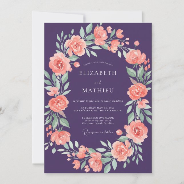 Invitation Couronne de mariage aux pêches et prunes (Devant)