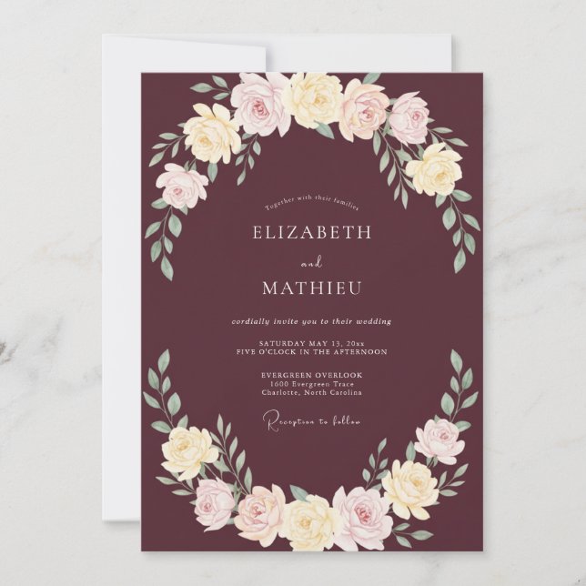 Invitation Couronne de mariage aux ranunculus prune moderne (Devant)
