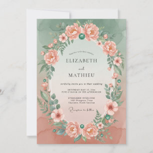 Invitation Couronne de mariage aux tons corail et menthe atté