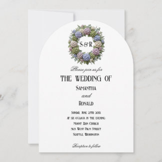 Invitation Couronne de mariage avec monogramme et hydrangeas