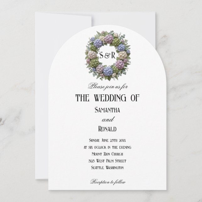 Invitation Couronne de mariage avec monogramme et hydrangeas  (Devant)