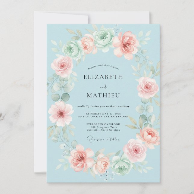 Invitation Couronne de mariage Azure Blush (Devant)