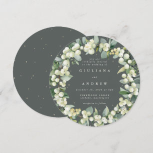 Invitation Couronne de mariage Baie de neige ronde verte + Eu