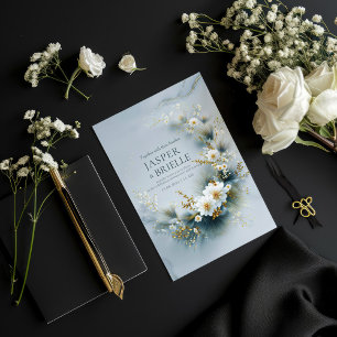 Invitation Couronne de mariage blanche florale et bleue pin d