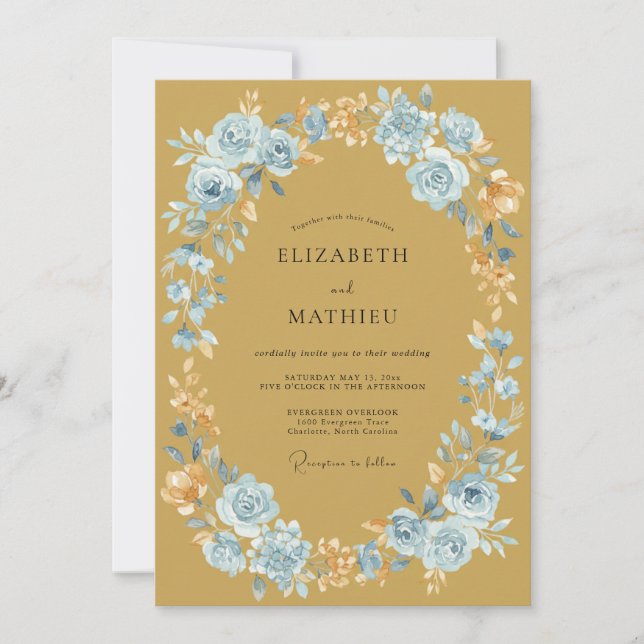 Invitation Couronne de mariage bleu barbeau et ocre (Devant)