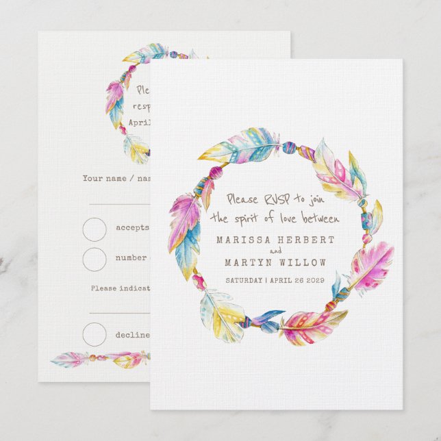 Invitation Couronne de mariage bohème à plumes autochtones tr (Devant / Derrière)