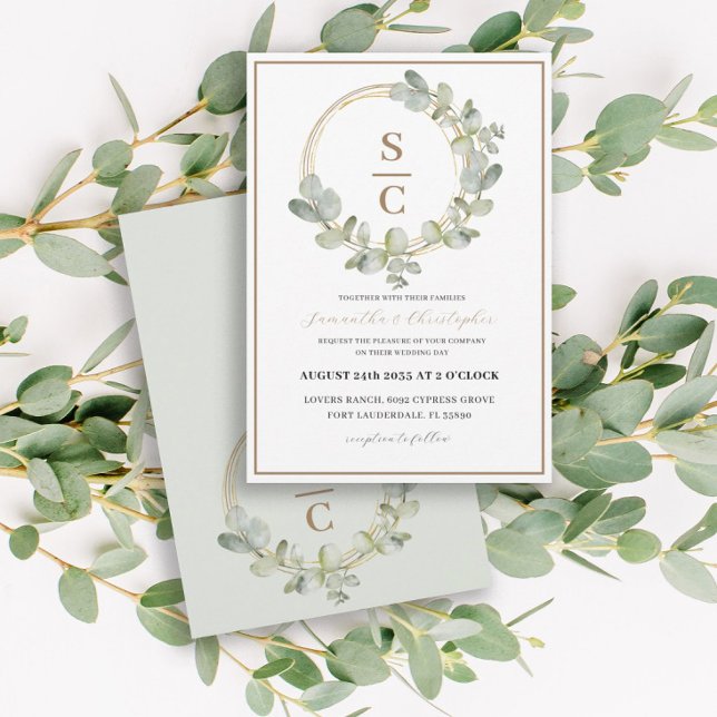 Invitation Couronne de mariage Bohème Eucalyptus vert et or (Créateur téléchargé)