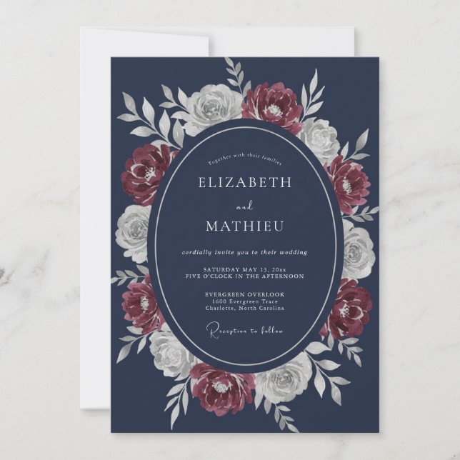 Invitation Couronne de mariage bordeaux profond de minuit (Devant)