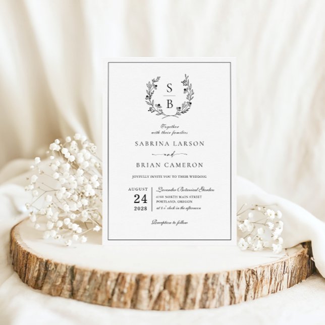 Invitation Couronne de mariage botanique à monogramme élégant (Créateur téléchargé)