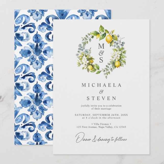 Invitation Couronne de mariage botanique au citron aquarelle (Devant / Derrière)