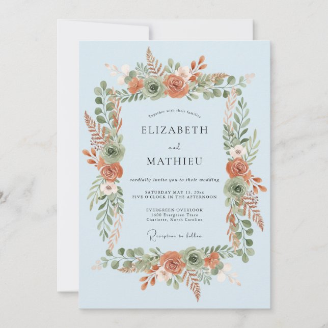 Invitation Couronne de mariage botanique bleu ciel (Devant)
