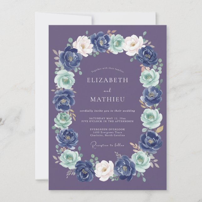Invitation Couronne de mariage botanique bleu marine (Devant)