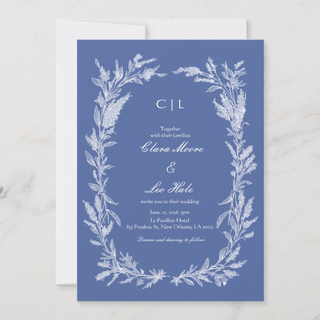 Invitation Couronne de mariage botanique bleu poussiéreux boh (Devant)