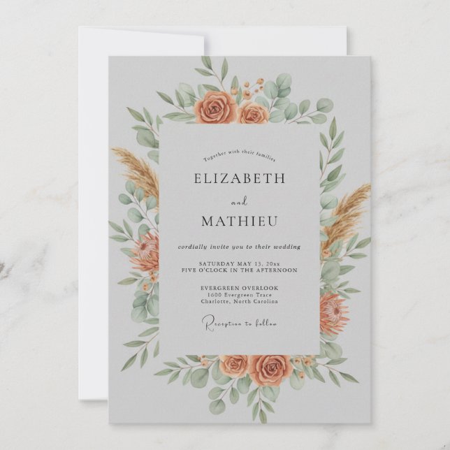 Invitation Couronne de mariage botanique corail (Devant)