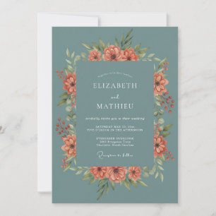 Invitation Couronne de mariage botanique corail sarcelle