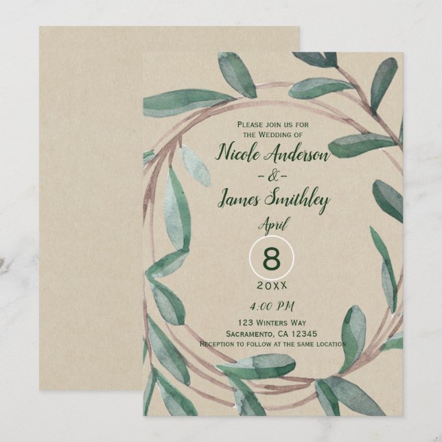 Invitation Couronne de mariage botanique Kraft rustique aux f (Devant / Derrière)