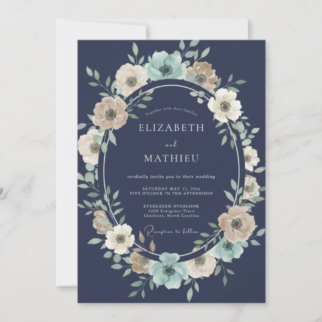 Invitation Couronne de mariage botanique marine (Devant)