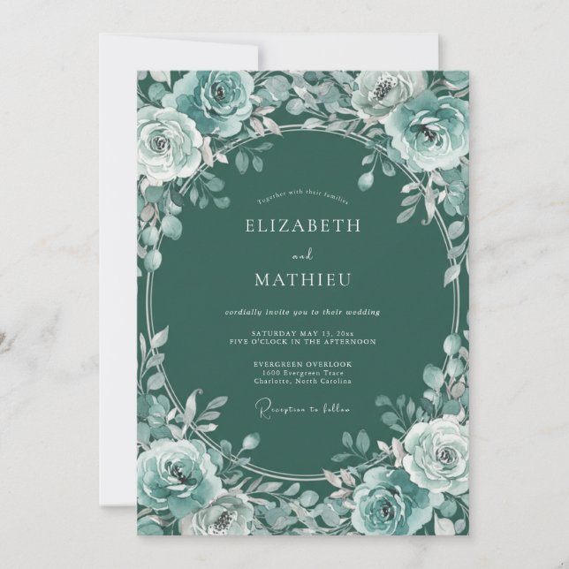 Invitation Couronne de mariage botanique sarcelle (Devant)
