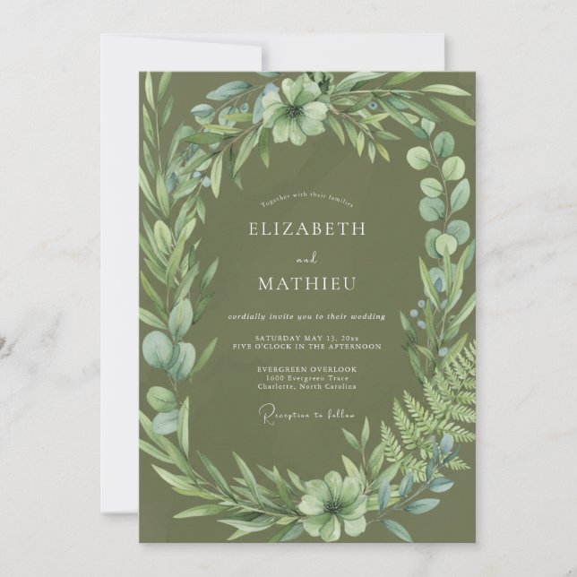 Invitation Couronne de mariage botanique vert olive (Devant)