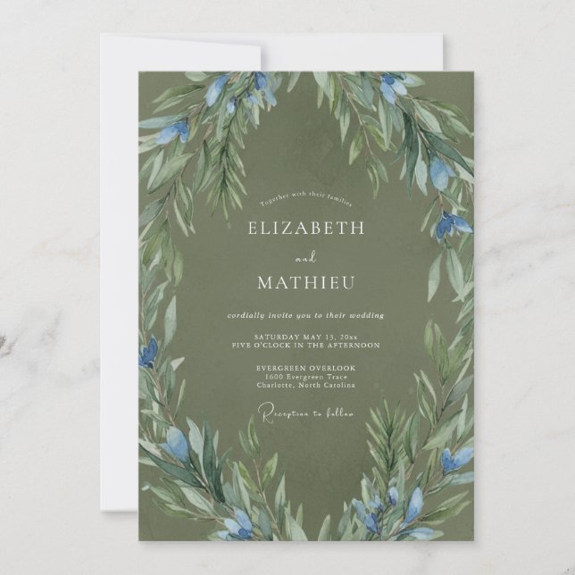 Invitation Couronne de mariage capricieuse olive bleuet (Devant)