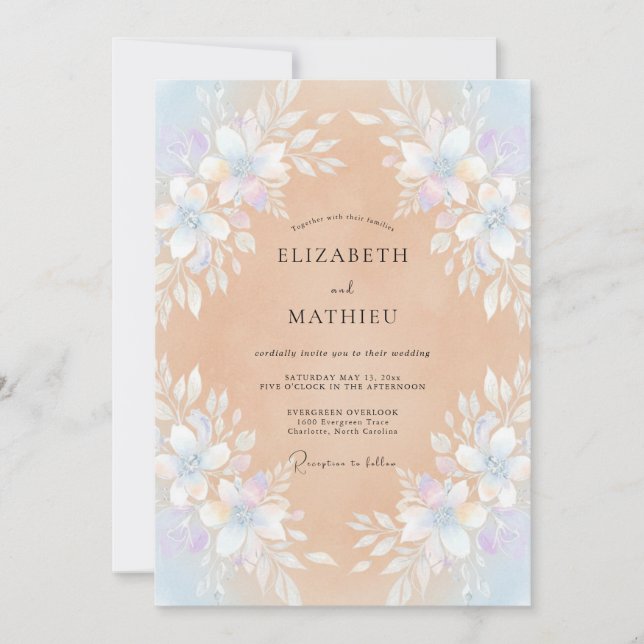 Invitation Couronne de mariage chaude pêche et pérywinkle (Devant)