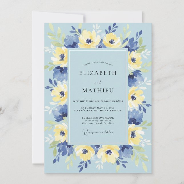 Invitation Couronne de mariage citron et bleuet (Devant)