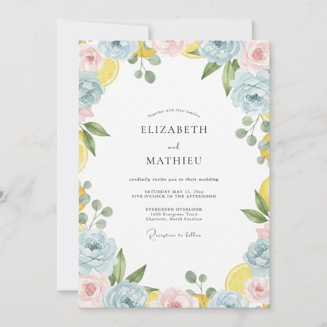 Invitation Couronne de mariage citron et bleuet tropical (Devant)