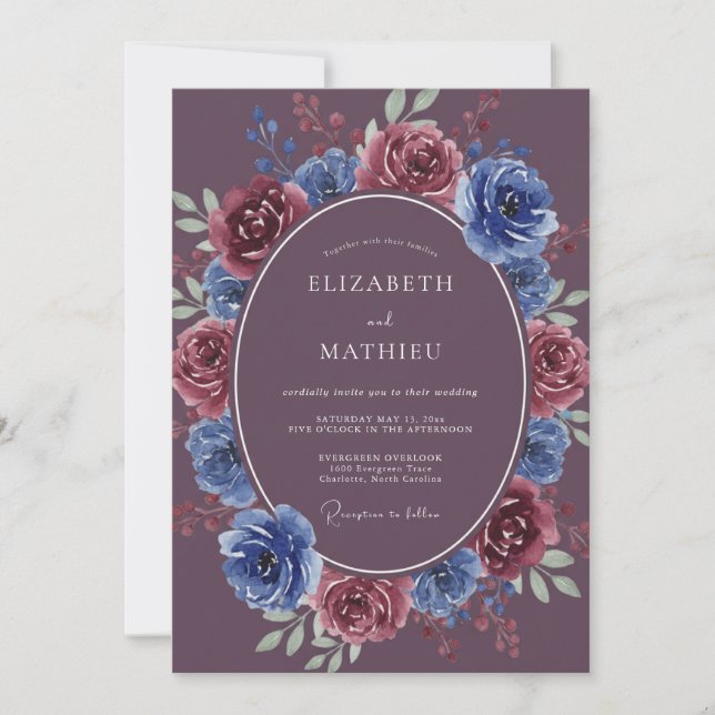 Invitation Couronne de mariage classique prune et pervenche (Devant)